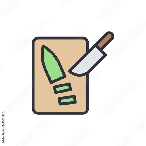 Minimalist Icon Illustrating Cutting Board With Knife And Vegetable Slices