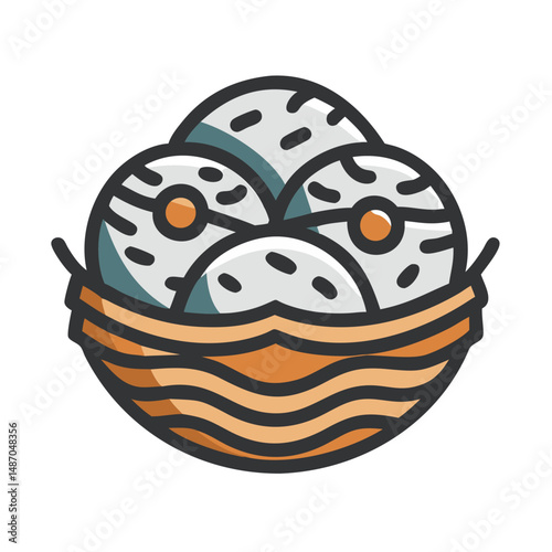 Three speckled eggs nestled in woven basket graphic illustration