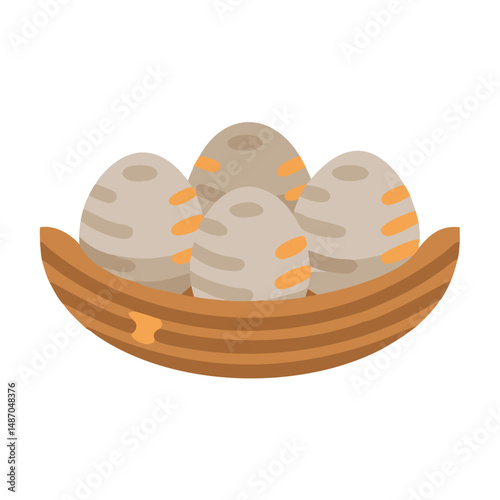 Four speckled eggs nestled inside a simple bird nest