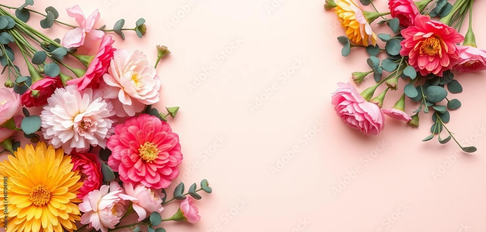 Fototapeta premium Pastel background, flat lay of carnations & eucalyptus, blank paper Elegant floral composition, copy space, flowers, arrangement