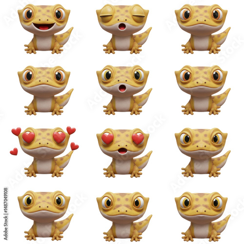 Cartoon gecko characters collection with diverse expressions and emotions digital illustration for kids content and merchandise