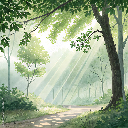Sunlit Forest Path Lights On Clipart Watercolor Illustration