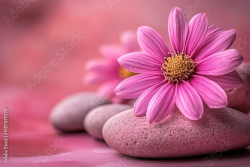 Pink daisy blossoms on smooth stones, monochromatic pink background. Perfect for spa, relaxation, wellness, or beauty related designs.