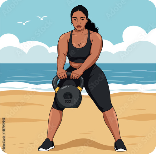 Woman exercising with kettlebell on beach with ocean background vector illustration 