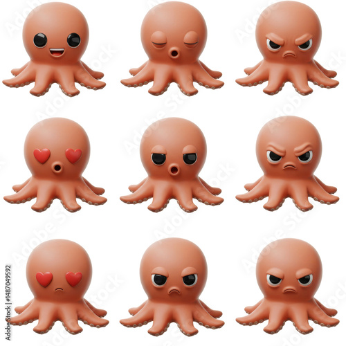 Cartoon octopus characters with various emotions displayed isolated on black background