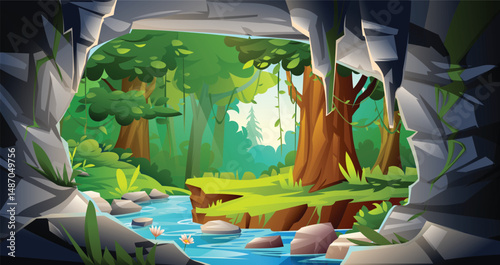 River forest scene viewed from cave with rocks and trees. Vector cartoon illustration