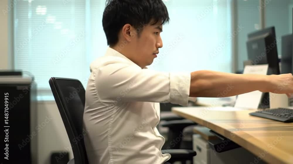 Office Worker Stretching Arms at Desk, Relaxed Posture Office Worker Stretching Arms at Desk, Relaxed Posture