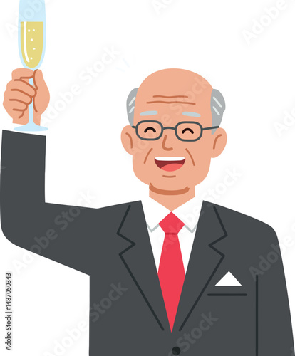 Elderly man in suit raising champagne glass celebrating with smile vector illustration 