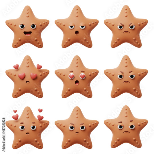 Collection of 3 d cartoon starfish with various facial expressions