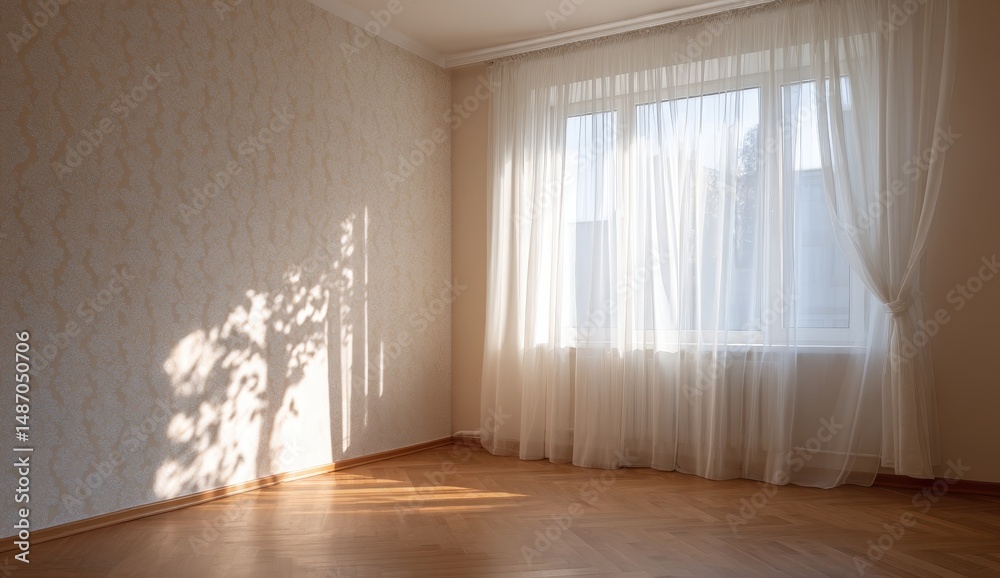 Obraz premium Sunlight casts shadows in an empty room with sheer curtains.