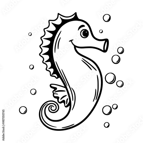 Cute Seahorse Illustration - Black & White Outline