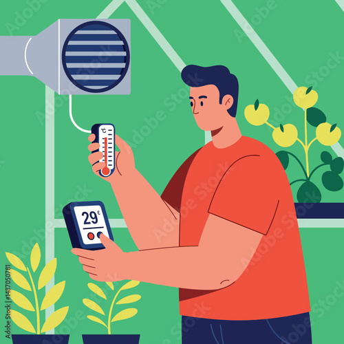 Man checking temperature with thermometer in greenhouse surrounded by plants vector illustration 