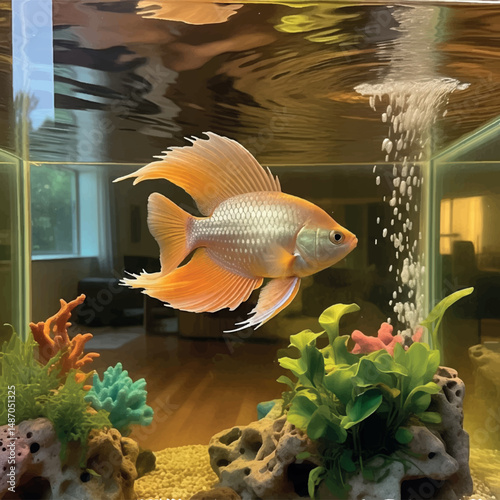 A vibrant orange and white fish with flowing fins gracefully swims in a clean, well-decorated aquarium, with artificial plants and rocks creating a natural environment, bubbles rising gently in the ba