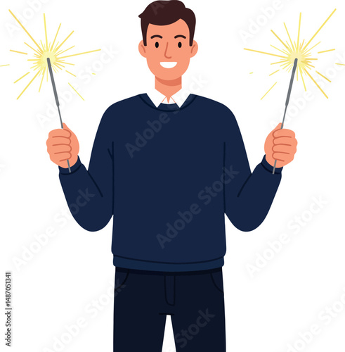 Man holding sparklers festive celebration concept vector illustration 