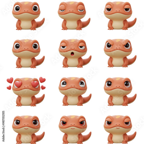 Collection of cartoon lizard illustrations with various expressions