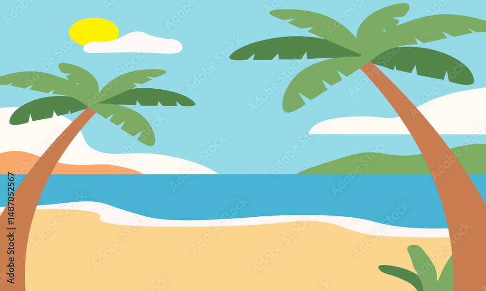 Vibrant Beach Scene with Palm Trees and Sunny Day Vibrant Beach Scene with Palm Trees and Sunny Day