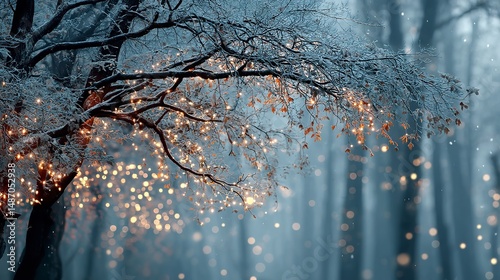 Winter Tree Branch with Fairy Lights in Frosty Forest


