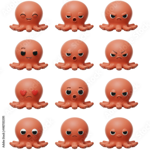 Collection of octopus characters with various emotional expressions