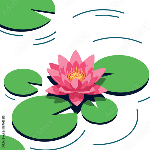 Water lily flower and green lily pads vector illustration with blue water ripples 