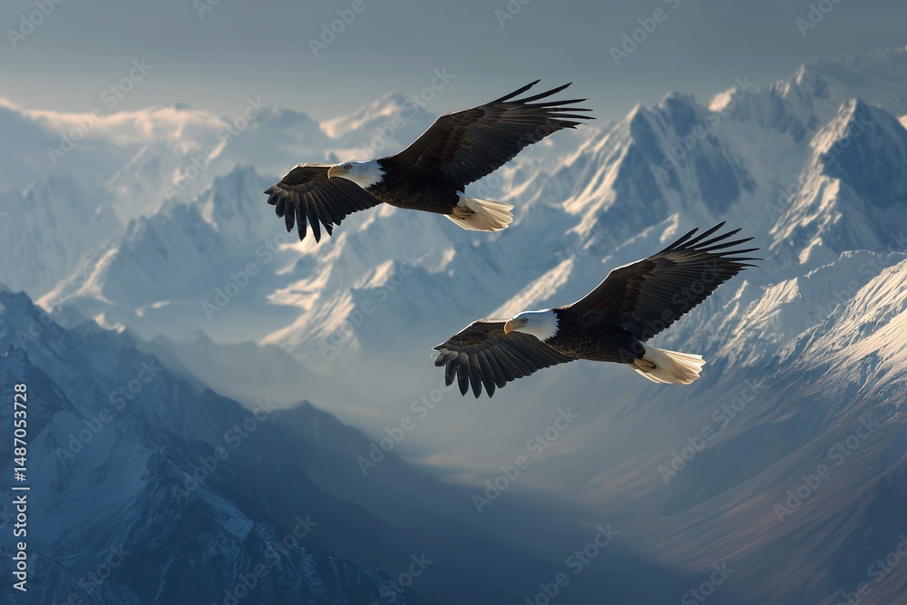 Fototapeta premium Majestic Eagles Soaring Over Snow-Capped Mountains
