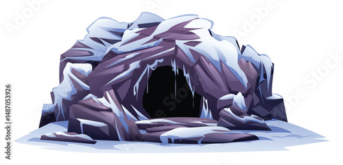Snowy rocky cave with icicles hanging from the roof, surrounded by ice and snow. Vector cartoon illustration