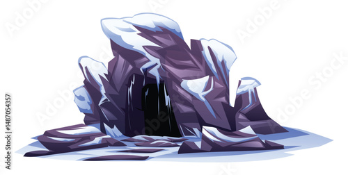 Icy mountain cave with sharp icicles and frosty entrance on a cold snowy landscape. Vector cartoon illustration