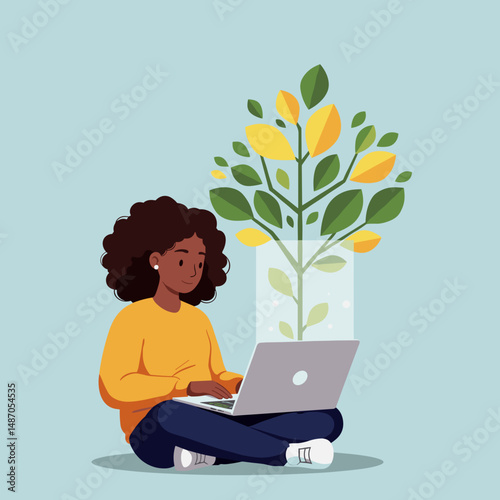A young woman sitting with a laptop and a plant on a pastel background