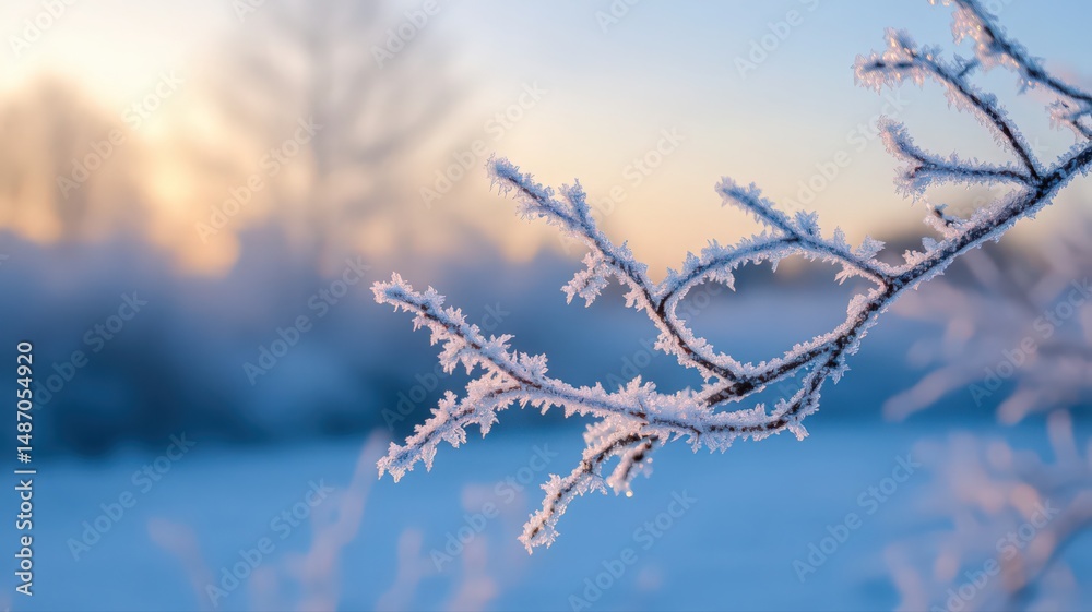 Obraz premium Close-Up of a Frost-Covered Branch at Sunrise