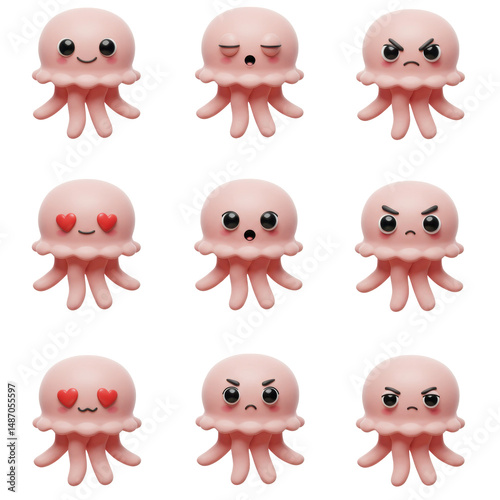 Set of cute jellyfish characters with different expressions digital illustration