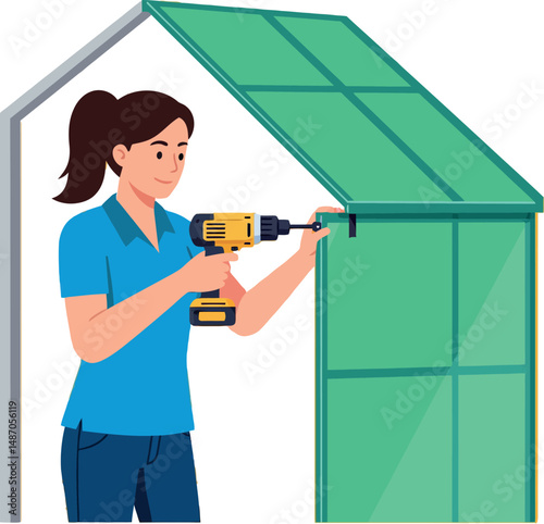 Woman using power drill assembling green garden greenhouse structure vector illustration 