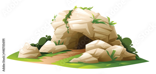 Stone cave with leafy vegetation and rocky terrain. Vector cartoon illustration