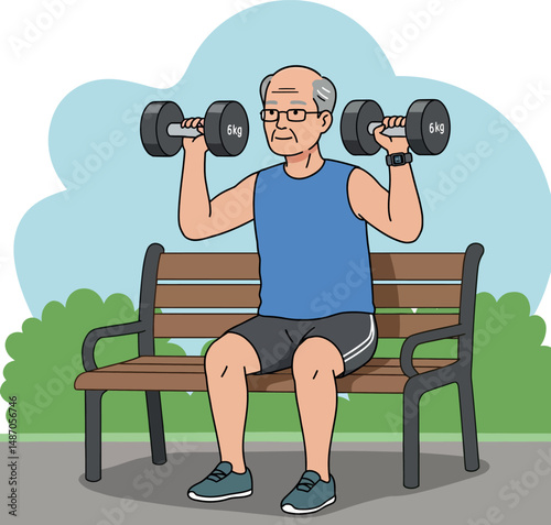 Senior man exercising with dumbbells on park bench outdoor fitness activity 