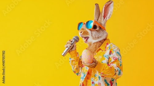 Stylish bunny sings into a microphone with easter egg.