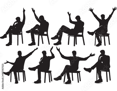 Modern Silhouette Vector Set of Businessmen Sitting on Chairs in Dynamic Conversation and Presentation Poses – Ideal for Corporate, Office, Meeting, and Business Communication Designs