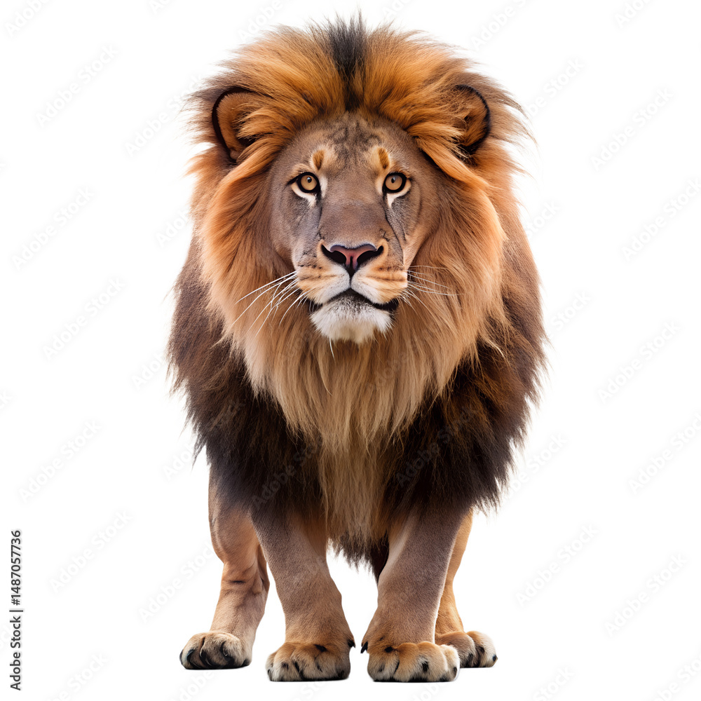 Fototapeta premium A majestic lion with a full mane stands confidently 