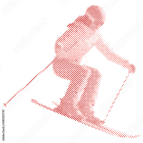 A sport woman skiing in action in halftone retro modern, dot form