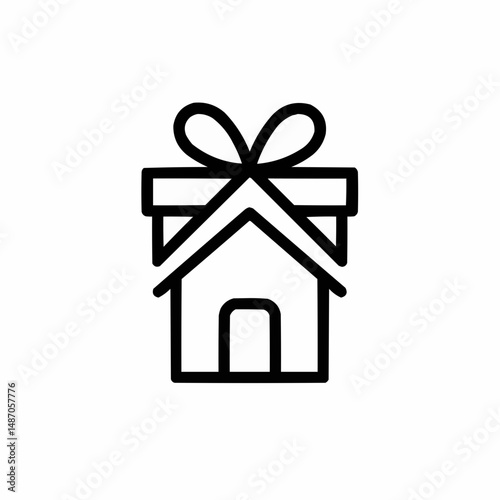 Outlined house icon wrapped in a ribbon — symbol for “new home gift.”