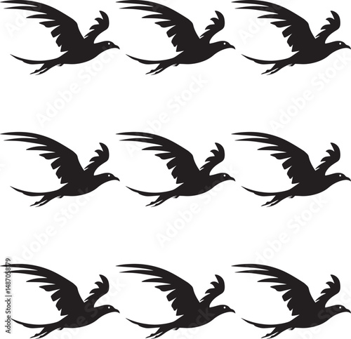 Black of Rallied birds vector illustration. Silhouette flying Rallied birds set. 