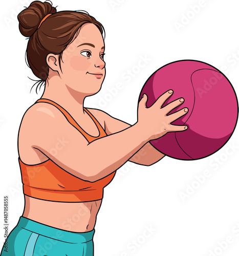 Woman exercising with pink medicine ball in orange top and blue shorts fitness activity 
