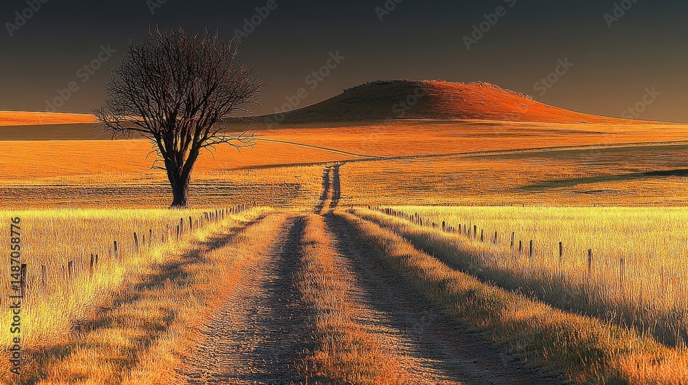 Obraz premium Golden Field with Lone Tree and Path Leading to Distant Hill at Sunset
