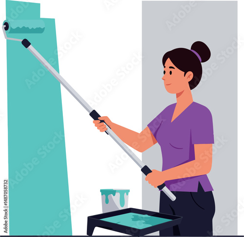 Woman painting wall with roller brush in purple top and black pants vector illustration 