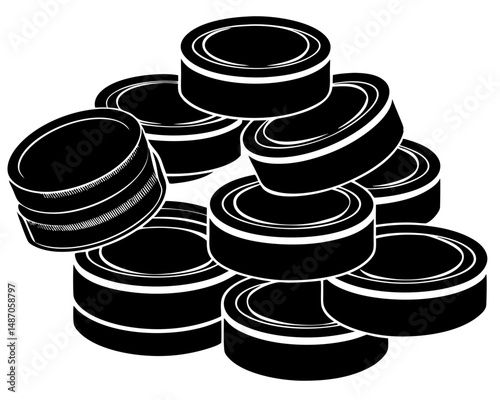Stacked Hockey Pucks Vector Illustration, Black Silhouette Sports Icon