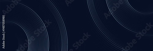 Abstract blue glowing geometric lines on dark blue background. Modern shiny blue circle lines pattern. Futuristic technology concept. Suit for cover, poster, banner, header, website.