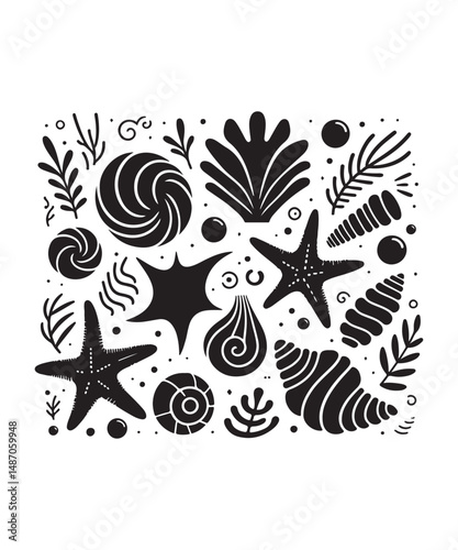 Sea shells starfish silhouette vector illustration, Starfish icon collection. 