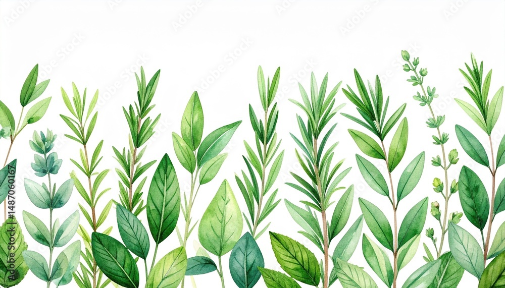 Fototapeta premium Watercolor Painting of Fresh Culinary Herbs Rosemary Sage Thyme and More Perfect for Cooking Blogs or Recipe Books