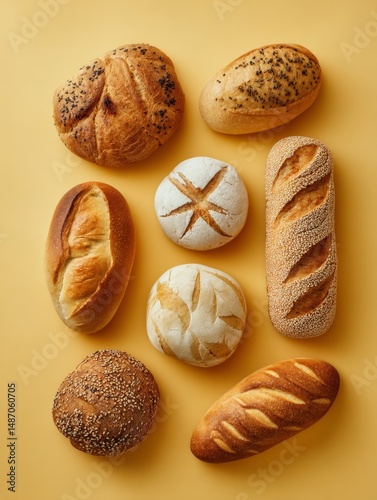 Set of fresh bread on light yellow background	