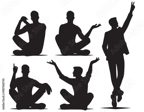 Modern Silhouette Vector Set of Businessmen Sitting on Chairs in Dynamic Conversation and Presentation Poses – Ideal for Corporate, Office, Meeting, and Business Communication Designs