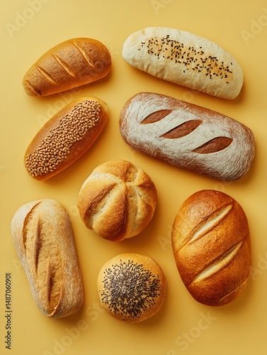 Set of fresh bread on light yellow background	