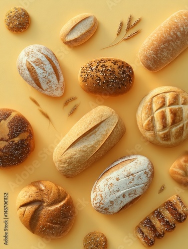 Set of fresh bread on light yellow background	