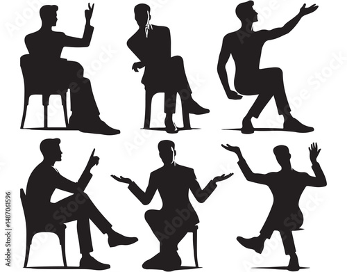 Modern Silhouette Vector Set of Businessmen Sitting on Chairs in Dynamic Conversation and Presentation Poses – Ideal for Corporate, Office, Meeting, and Business Communication Designs